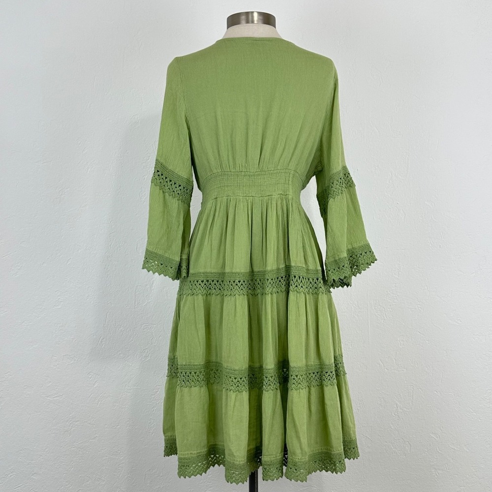Cottage Boho Fairy Midi Dress Sz Large Renaissance Tiered Crochet Smocked - Picture 6 of 9